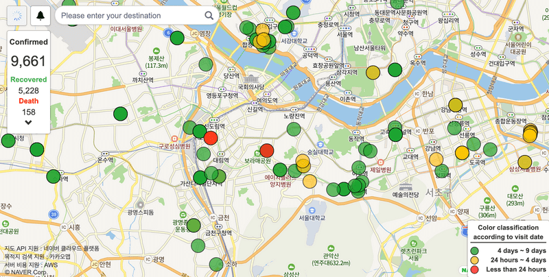 Map from coronamap.site for South Korea